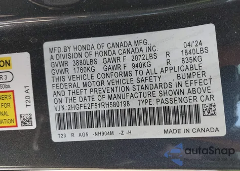 2024 Honda Civic Sport from USA, damaged, VIN 2HGFE2F51RH580198